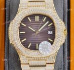 Swiss AAA Replica Patek Philippe Nautilus Iced Out Yellow Gold Watch 40mm 9015 Ultra-thin Movement